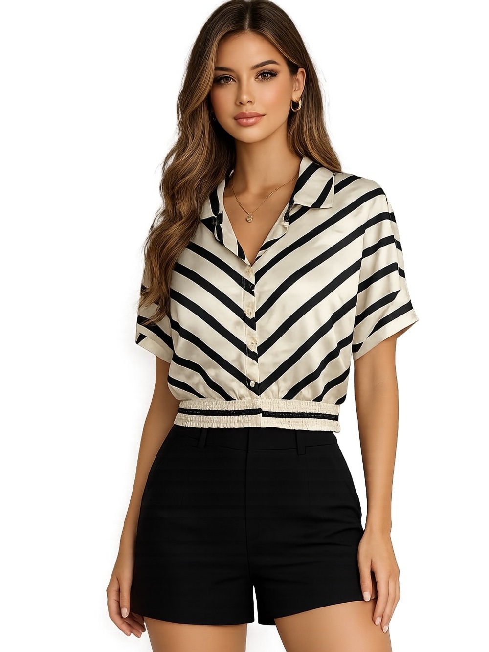 Steve Madden Black & Cream Striped Short Sleeve Button-Down Blouse